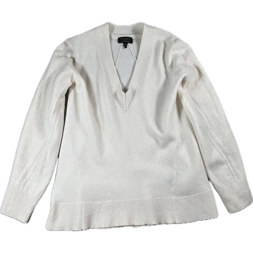 Rag & Bone Women XS Cream 100% Cashmere V-Neck Ribbed Detail Sweater